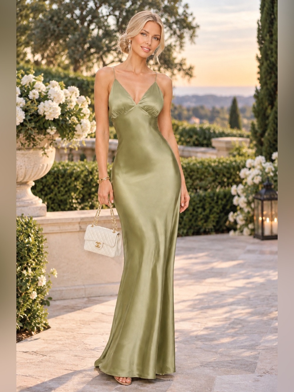 New Reformation Maysen silk dress olive oil size 10